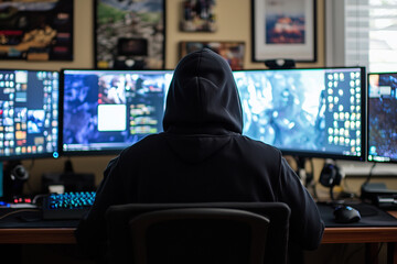 Cyber hacker attack concept. Abstract digital hacker man with a laptop. Male criminal, hoodie and ready for coding, cyber-attack and programming for malware with tech, scam and data