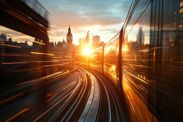Golden sunset illuminates London skyline with dynamic train movement along the tracks