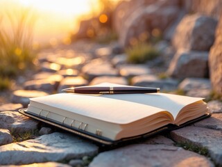 Open Notebook with Pen on Rocks at Sunset