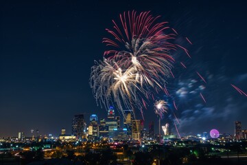 Fireworks Illuminate City Skyline During New Years Eve Celebration in Houston, Texas, Creating a Spectacular Display of Light and Color