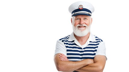 Portrait elderly bearded smiling sailor man in a uniform, isolated on white background