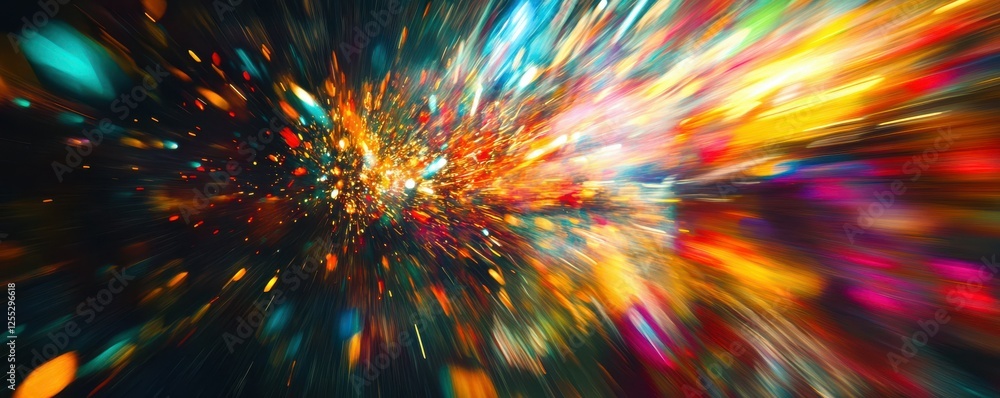Poster dynamic burst of colorful light particles in motion