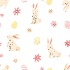 Seamless pattern with bunnies, Easter eggs and flowers on a white background. Vector Easter illustration background. Flat illustration.