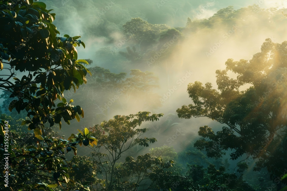 Poster first light breaks through mist in a dense rainforest, illuminating lush greenery and creating a ser