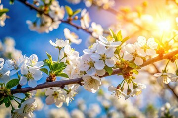 Obraz premium Delicate spring blossoms and apple tree branches silhouette against a bright backdrop, capturing nature's ethereal beauty.