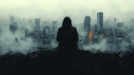 A solitary figure gazes over a foggy cityscape, evoking feelings of isolation and reflection.