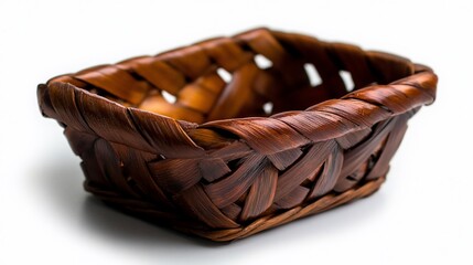 A Rustic Brown Woven Basket on White Background