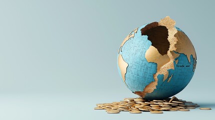 Strategy Trade War concept. Broken globe with golden accents and coins scattered around it.