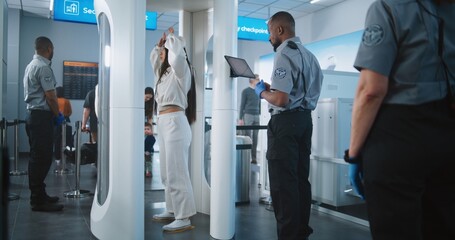 Airport Security Checkpoint: Multiethnic Passengers Passing Through Metal Detector Scanner Gates....