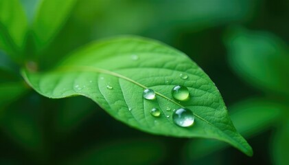 Water droplets cling to a green leaf's surface, rainforest, verdant