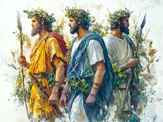 Fototapeta premium Three ancient figures adorned with leaves, holding spears, embodying classical heritage.