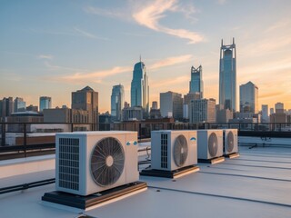 Rooftop Air Conditioning Units at Sunset Over City Skyline