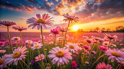 Fototapeta premium Dreamy sunset paints a pink daisy field in a long exposure, creating a stunning floral landscape.