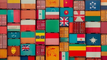 Fototapeta premium Strategy Trade War concept. Colorful shipping containers featuring various national flags.