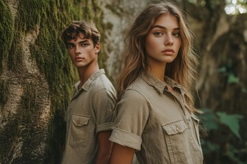 Fototapeta premium Young couple in matching safari outfits stand against a mossy wall in a forest.