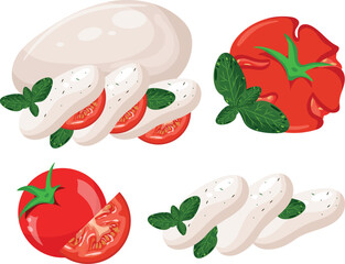 set of ingredients needed for caprese salad, namely mozzarella cheese, basil and tomato slices, for various designs, posters or banners