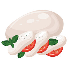piece of thinly sliced ​​mozzarella cheese with tomatoes and basil leaves called caprese salad, for various designs, posters or banners