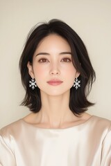 Fototapeta premium Elegant Portrait of a Woman with Delicate Jewelry and Soft Pink Dress