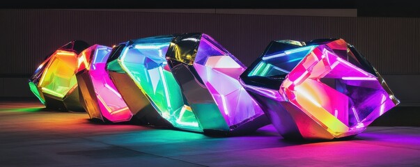 Illuminated geometric installation with vibrant neon colors at night