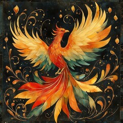 Obraz premium A vibrant phoenix illustration symbolizing rebirth and transformation in art.
