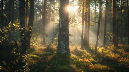 Obraz premium sunlight forest landscape misty morning pine trees mossy ground magical nature scenery wide