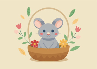 Adorable Easter Mouse in Basket, Springtime Vector Illustration eggs cute flat  