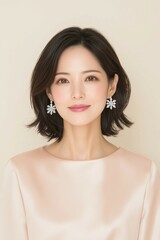 Fototapeta premium Elegant Portrait of a Woman with Delicate Jewelry and Soft Pink Dress