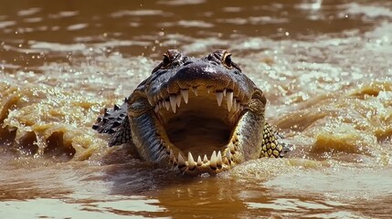 A crocodile snapping its jaws on the riverbank