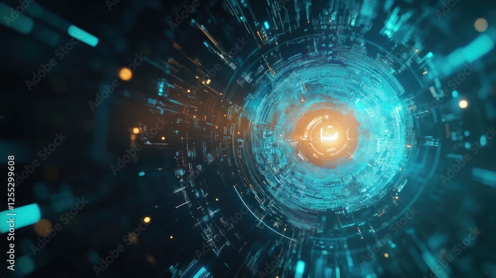 Poster abstract technological eye with glowing digital lines and data stream
