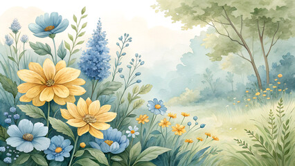 Watercolor flower garden background in blues and yellows, vibrant blooms surrounded by greenery, representing growth and beauty in diversity with copy space  