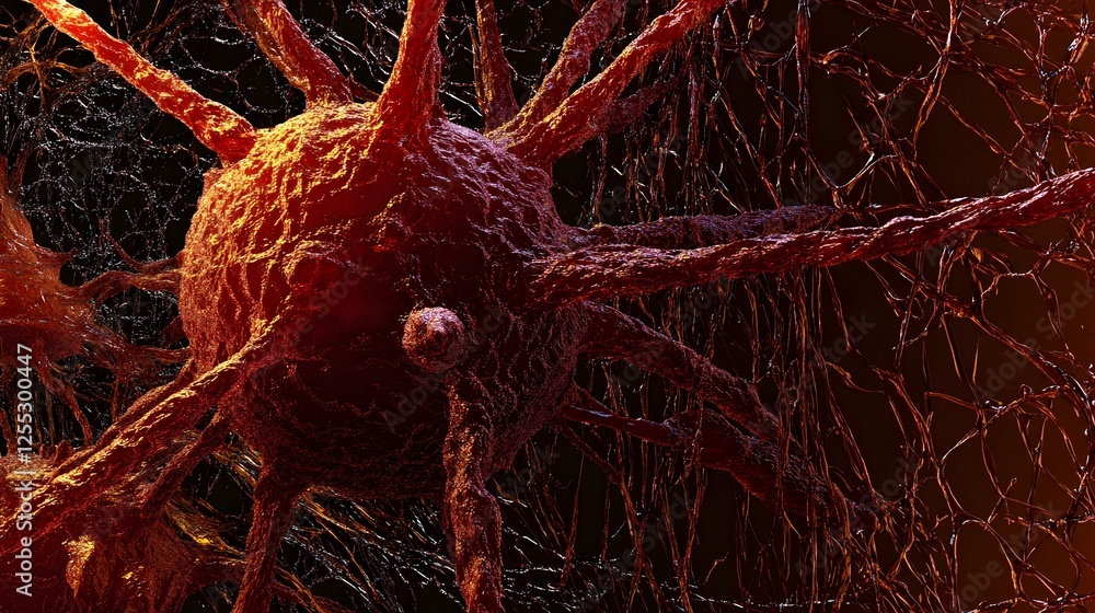 Poster close up microscopic view of intricate neural synapse and nerve fiber network in complex organic sys