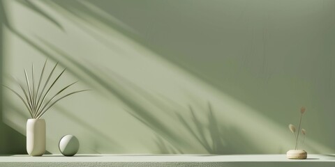 A minimalistic approach with a soft moss green background, Clean shapes and smooth surfaces, Contemporary minimalist style