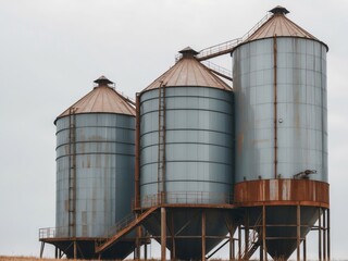 Obraz premium Three Rusty Grain Silos in a Field