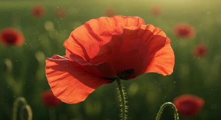 A close up shot shows vibrant red poppy in field