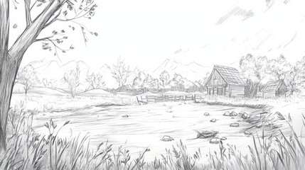 Pencil Sketch Illustration of a Rustic Cabin by a Lake with Mountains