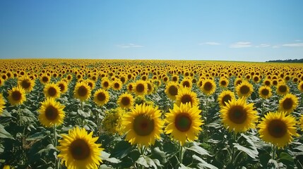 A vast field of sunflowers in full bloom stretching towards the clear blue sky