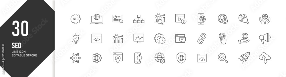 Wall mural 30 seo line icons in editable stroke format for digital marketing and web optimization