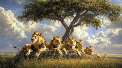 A pride of lions resting in the shade of acacia trees