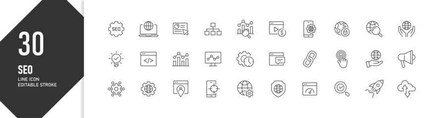 30 SEO Line Icons in Editable Stroke Format for Digital Marketing and Web Optimization