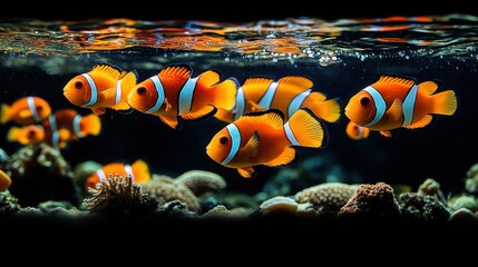 Clownfish school swimming underwater, dark background, coral reef, aquarium use