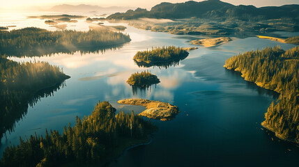 alaskan wilderness aerial view forests lakes floating islands sunset tranquil scenic landscape © pier