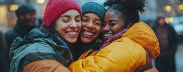 Young female friends embracing outdoors in winter clothing, smiling warmly