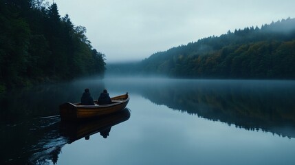 Serene Morning Rowing on a Misty Lake