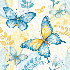 Seamless butterfly background in blue and yellow, delicate fluttering shapes, symbolizing transformation and empowerment  