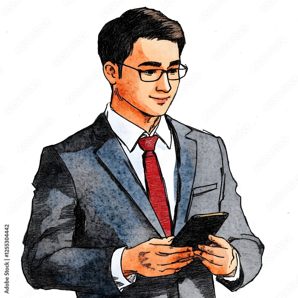 Poster a professional corporate manager or executive dressed in a suit and tie using a smartphone device wh