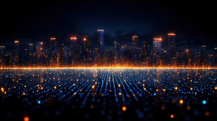 Futuristic city skyline, glowing data streams, night, digital art, tech background