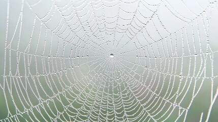 Dew-covered spiderweb in misty field
