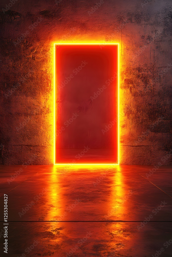 Poster abstract neon portal in a dark room with concrete walls and floor creating a futuristic scene