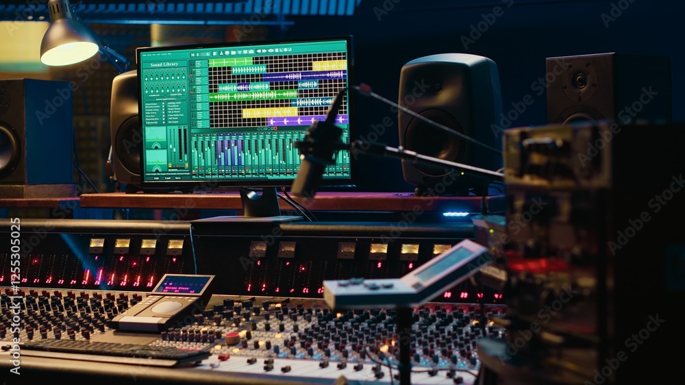 Poster Music recording studio control room with daw software used to mix and master audio tracks, empty soundproof professional space. Modern sliders on control panel board to edit sound waves.