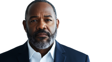 Closeup headshot of a seriouslooking middleaged Black man with a beard wearing a dark suit and white shirt against a white background Professional and corporate image